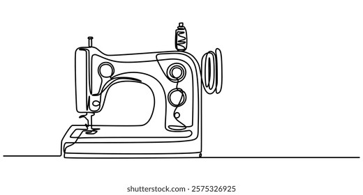 Continuous Line Drawing of Sewing Machine Icon. Hand Drawn Symbol Vector Illustration, vintage sewing machine continuous line vector illustration, One continuous line drawing of Antiques illustration.