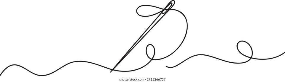 Kontinuierliche Linienzeichnung von Nähnadel und Faden, Stich oder Handwerk minimale Vektorkunst, handgezeichnete einzeilige Skizze Schneiderei Ausrüstung, einfache doodle schwarz-weiß Lineart, abstrakte Kontur Design für Mode und handgefertigte Projekte.