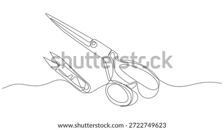 Continuous Line Drawing of Sewing Scissors,Continuous Line Drawing of Scissors Cutting a Straight Line,Elegant Single Line Scissors Illustration