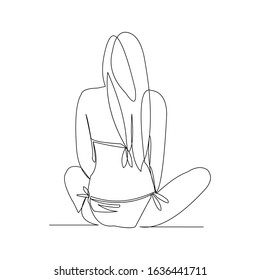Continuous line drawing of sexy and beautyful girl sitting on the beach from back view. Vector illustration.