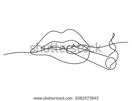 Continuous line drawing of sexy lips with cigarette on white background. Vector illustration