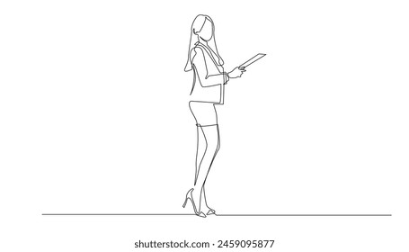 línea continua dibujo de la mujer de oficina sexy. Vector de una sola línea de la mujer joven sexy oficinista que sostiene el papel del informe del trabajo. fondo blanco aislado