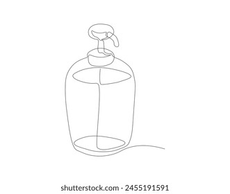 Continuous line drawing of shampoo container bottle. One line of shampoo with pump dispenser. Liquid gel concept continuous line art. Editable outline.