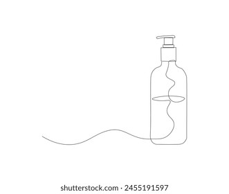 Continuous line drawing of shampoo container bottle. One line of shampoo with pump dispenser. Liquid gel concept continuous line art. Editable outline.