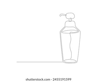 Continuous line drawing of shampoo container bottle. One line of shampoo with pump dispenser. Liquid gel concept continuous line art. Editable outline.