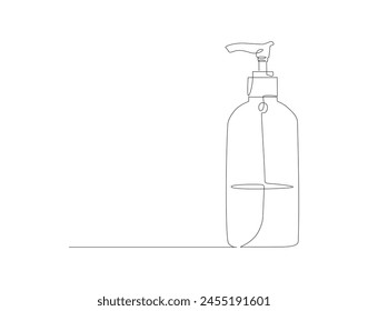 Continuous line drawing of shampoo container bottle. One line of shampoo with pump dispenser. Liquid gel concept continuous line art. Editable outline.