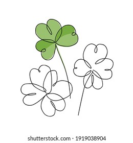 Continuous line drawing of shamrock leaves bouquet. Vector illustration of Irish symbol of St Patrick Day. Minimalism in design. Good for poster, banners and logotypes.