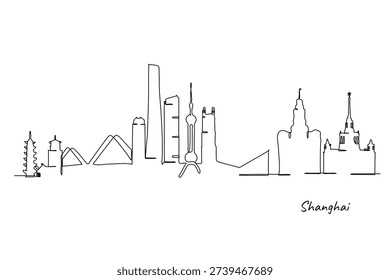 Continuous line drawing of the Shanghai cityscape featuring several famous buildings in a minimalist style The outline depicts the urban skyline