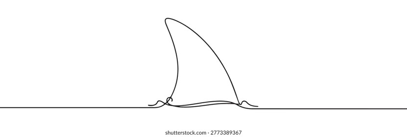 Continuous line drawing of a shark fin with water ripples isolated on white