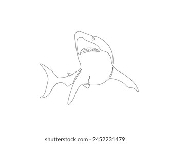 Continuous line drawing of shark. One line of swimming shark. Marine animal concept continuous line art. Editable outline.
