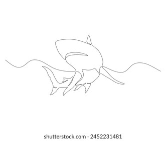 Continuous line drawing of shark. One line of swimming shark. Marine animal concept continuous line art. Editable outline.
