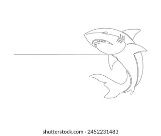 Continuous line drawing of shark. One line of swimming shark. Marine animal concept continuous line art. Editable outline.
