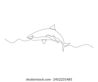 Continuous line drawing of shark. One line of swimming shark. Marine animal concept continuous line art. Editable outline.
