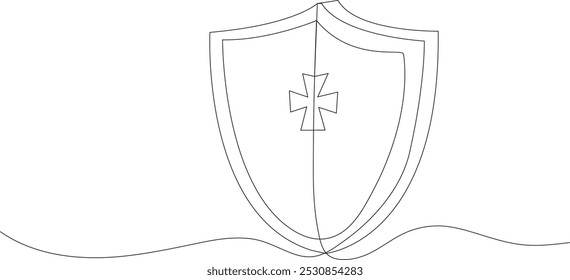 continuous line drawing of a shield with a cross at its center. The design is rendered using a single, unbroken line, creating a clean and minimalist look.