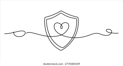 A continuous line drawing of a shield with a heart inside, symbolizing protection and love. Vector, illustration