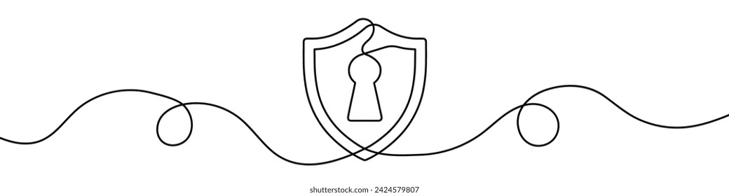 Continuous line drawing of an shield with keyhole. One line drawing background. Vector illustration. Single line security icon.