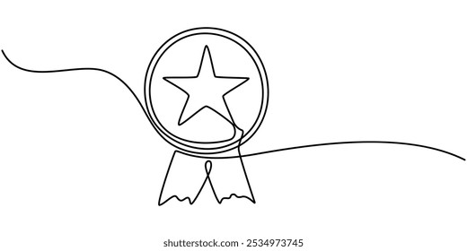 Continuous line drawing of shield One line protects linear symbol safety insurance concept vector illustration, Award badge continuous one line drawing, Social Skills Continuous Line Editable Icon