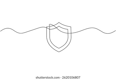 Desenho de linha contínua de escudo Uma linha protege o conceito de seguro de segurança de símbolo linear, Escudo de segurança com marcas de verificação - tique e cruz de uma linha contínua desenhada.