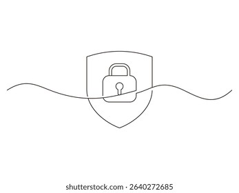 continuous line drawing shield and padlock design, padlock vector illustration, isolated on transparent background