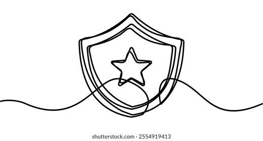 continuous line drawing of shield symbol with stars. abstract line art illustration