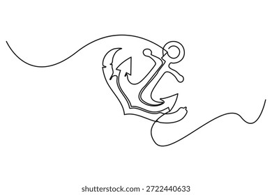 Desenho de linha contínua de uma âncora de navio combinado com uma forma de lua crescente, vetor náutico artístico para navegação noturna ou temas de mar noturno.