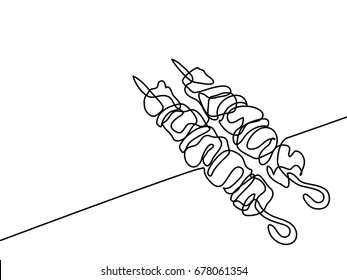 Continuous line drawing. Shish kebab on skewers. Vector illustration black line on white background.