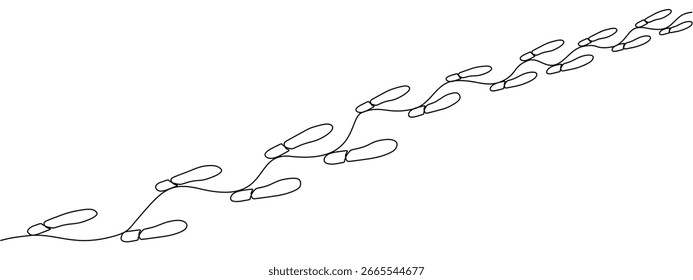 Continuous line drawing of shoe prints in a diagonal path. Minimal linear design representing men or women footwear footprints. Vector illustration.