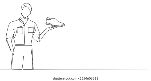 continuous line drawing of shoe sales advertisement.one line drawing of man lifting shoe with left hand.single line vector illustration of shoe advertising.isolated white background