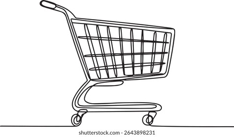  continuous line drawing of a shopping cart with wire basket and wheels in side profile view