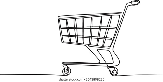  continuous line drawing of a shopping cart with wire basket and wheels in side profile view