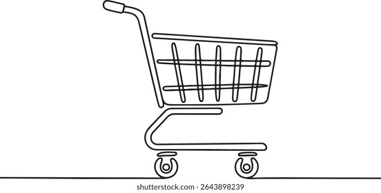  continuous line drawing of a shopping cart with wire basket and wheels in side profile view