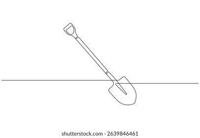 Continuous line drawing of shovel. Shovel linear icon. One line drawing background. Vector illustration. Shovel continuous line icon, Line Drawing with Editable Stroke and Copy Space.