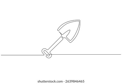 Continuous line drawing of shovel. Shovel linear icon. One line drawing background. Vector illustration. Shovel continuous line icon, Line Drawing with Editable Stroke and Copy Space.
