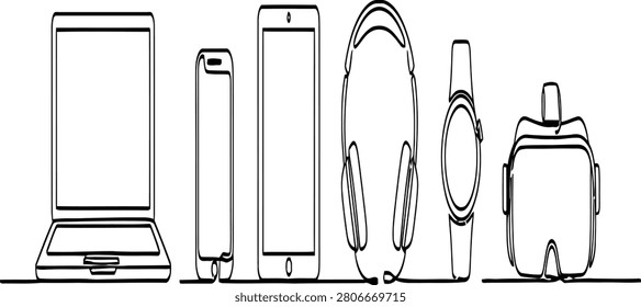 A continuous line drawing showcases essential modern electronic devices for digital connectivity