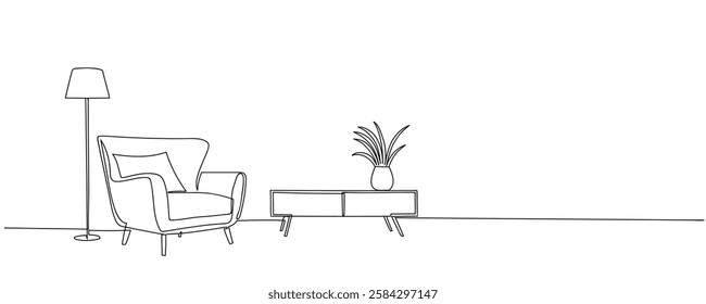 continuous line drawing showcases minimalist Scandinavian furniture and plant. Scandinavian stylish furniture for living room or hotel concept in simple linear style. Doodle illustration