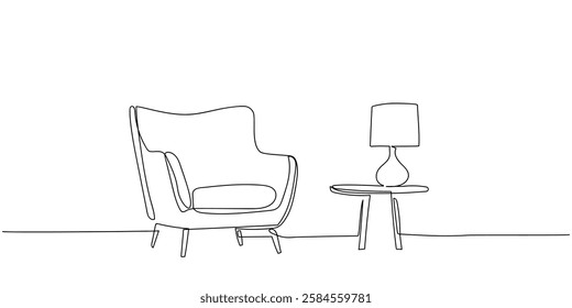 continuous line drawing showcases minimalist Scandinavian furniture and lamp. Scandinavian stylish furniture for living room or hotel concept in simple linear style. Doodle illustration