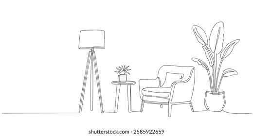 continuous line drawing showcases minimalist Scandinavian furniture, lamp and plant. Cozy corner with a modern chair and greenery in a minimalist setting.