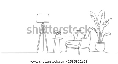 continuous line drawing showcases minimalist Scandinavian furniture, lamp and plant. Cozy corner with a modern chair and greenery in a minimalist setting.