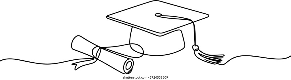 Kontinuierliche Strichzeichnung, die eine traditionelle Graduierungskappe und ein gerolltes Diplom zeigt, die akademische Leistung symbolisiert.