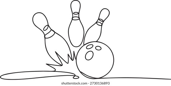 Dibujo de línea continua que muestra el momento de impacto donde la bola de bolos golpea tres pines causando movimiento. Representación minimalista de las secuelas de la huelga o la colisión.