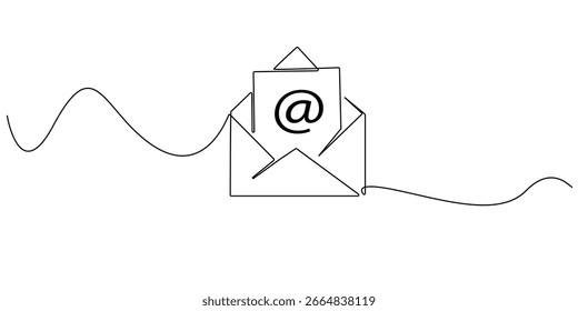 Continuous line drawing showing an open envelope containing a letter with an at sign, symbolizing email or internet mail