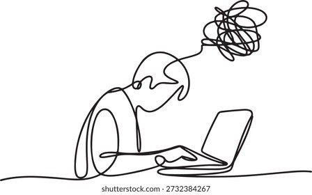 Desenho de linha contínua mostrando pessoa estressada focada em digitação de computador com rabisco emaranhado complexo escapando da cabeça simbolizando excesso de pensamento, confusão ou esgotamento. Ilustração abstrata do estresse de trabalho.