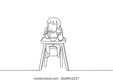 A continuous line drawing showing a young girl eating with a spoon while sitting on a high chair, representing healthy nutrition, care, and love on Infant Feeding Day in a health concept.
