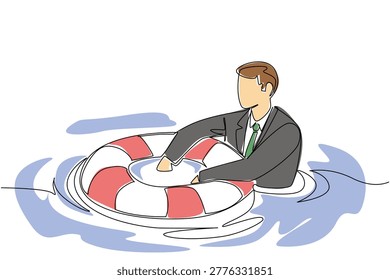 Continuous line drawing showing a young businessman wearing a suit trying to stay afloat with a life preserver. Displays financial help concept perfectly designed for startup funding business plan.