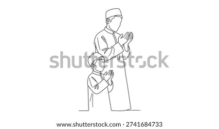 A continuous line drawing shows a father and young son praying, symbolizing familial faith and devotion within the islamic tradition.