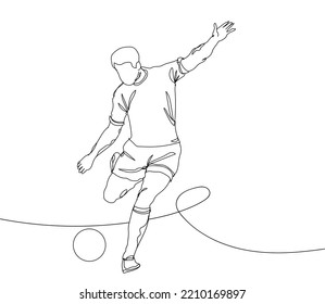 Continuous line drawing of shows a football player kicks the ball. Hand drawn single line vector illustration