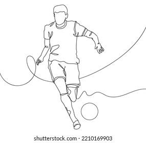 Continuous line drawing of shows a football player kicks the ball. Hand drawn single line vector illustration