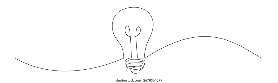 Continuous line drawing shows a light bulb over a wavy line. Use it for innovative ideas, creativity, and minimalist design concepts.