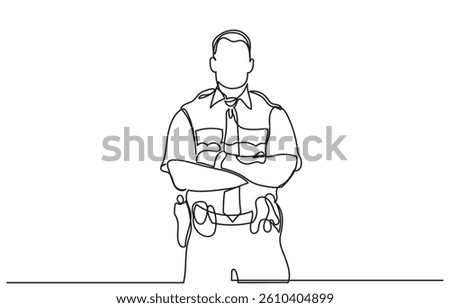 Continuous line drawing shows a policeman with arms crossed wearing a uniform.Single line police officer traffic and public service. The male officer represents law enforcement and security.