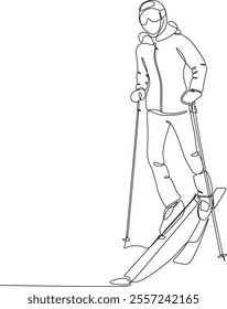 Continuous line drawing. The drawing shows a skier going down the mountain. Winter sport. Extreme. Vector illustration is hand drawn without artificial intelligence